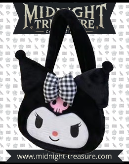 "Sac à Main Kuromi – Sanrio Kawaii. Sac en peluche doux avec design audacieux de Kuromi, incluant un nœud à carreaux et des détails mignons. Parfait pour ajouter une touche originale et kawaii à votre style !"

