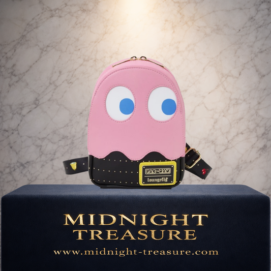 Sac sling bandoulière Loungefly PAC-MAN Pinky Ghost – 15 x 22 x 5 cm. Sac rose inspiré du célèbre fantôme de PAC-MAN avec effet phosphorescent glow in the dark et détails rétro arcade.