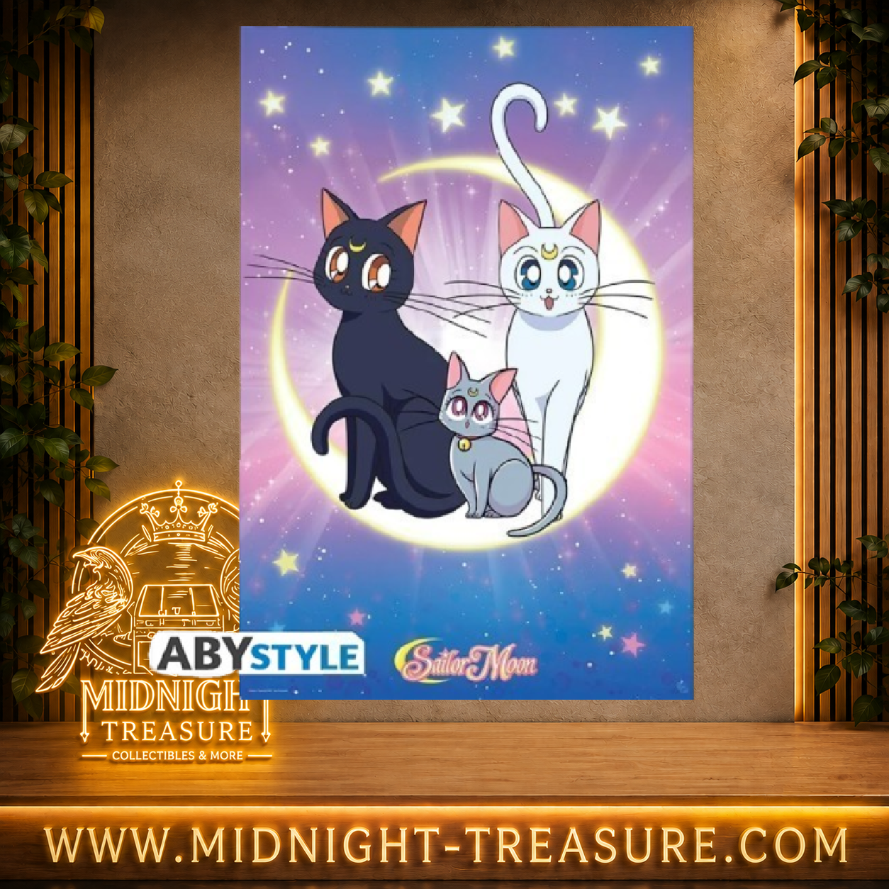 Poster Sailor Moon 91,5 x 61 cm avec Luna, Artemis et Diana réunis devant un croissant de lune dans un ciel étoilé, affiche officielle ABYstyle.