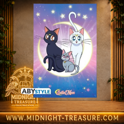 Poster Sailor Moon 91,5 x 61 cm avec Luna, Artemis et Diana réunis devant un croissant de lune dans un ciel étoilé, affiche officielle ABYstyle.