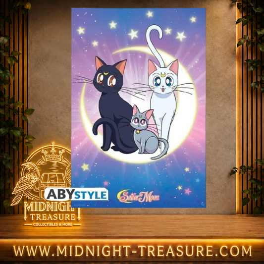 Poster Sailor Moon 91,5 x 61 cm avec Luna, Artemis et Diana réunis devant un croissant de lune dans un ciel étoilé, affiche officielle ABYstyle.