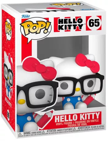 “Funko Pop! Hello Kitty – Hello Kitty (with Glasses) – N°65. Version assise avec lunettes oversized et crayon rouge. Figurine kawaii idéale pour les fans de Sanrio.”