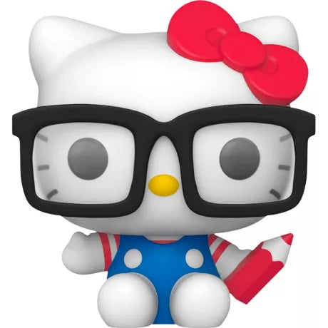 “Funko Pop! Hello Kitty – Hello Kitty (with Glasses) – N°65. Version assise avec lunettes oversized et crayon rouge. Figurine kawaii idéale pour les fans de Sanrio.”