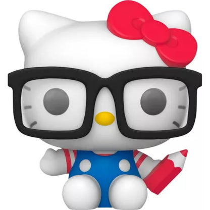 “Funko Pop! Hello Kitty – Hello Kitty (with Glasses) – N°65. Version assise avec lunettes oversized et crayon rouge. Figurine kawaii idéale pour les fans de Sanrio.”
