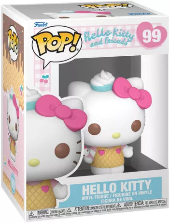 Funko Pop! Hello Kitty and Friends – Hello Kitty with Ice Cream (Hello Kitty avec glace, N°99). Figurine Hello Kitty en tenue dessert tenant une glace avec boule en forme de Kitty.