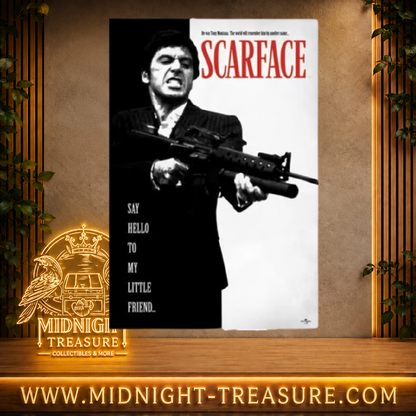 
Maxi poster Scarface Say Hello To My Little Friend 91,5 x 61 cm représentant Tony Montana armé lors de la scène finale du film.