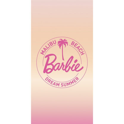 Serviette Barbie Malibu Beach – 140 x 70 cm – 100 % coton. Dégradé rose et orangé avec logo Barbie Dream Summer. Un accessoire estival parfait pour les fans de Barbie.