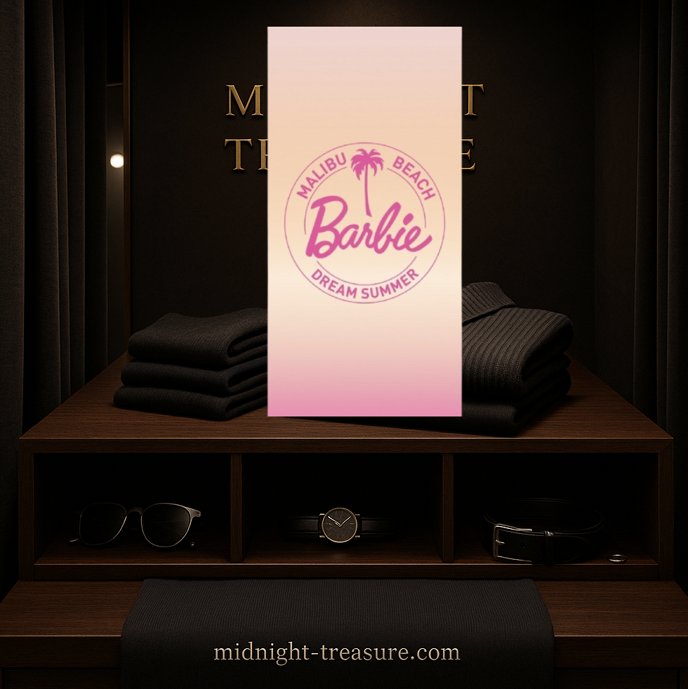 Serviette Barbie Malibu Beach – 140 x 70 cm – 100 % coton. Dégradé rose et orangé avec logo Barbie Dream Summer. Un accessoire estival parfait pour les fans de Barbie.