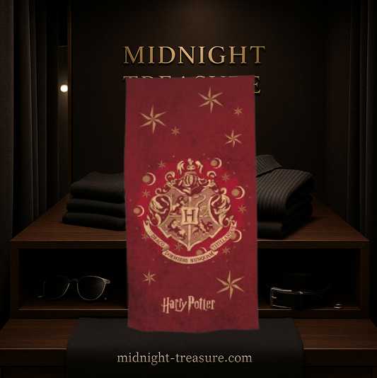 Serviette Harry Potter â Blason de Poudlard â 140 x 70 cm â 100 % coton. Fond rouge ornĂ© des armoiries dorĂ©es de Poudlard. Un accessoire Ă©lĂ©gant pour les fans de la saga.