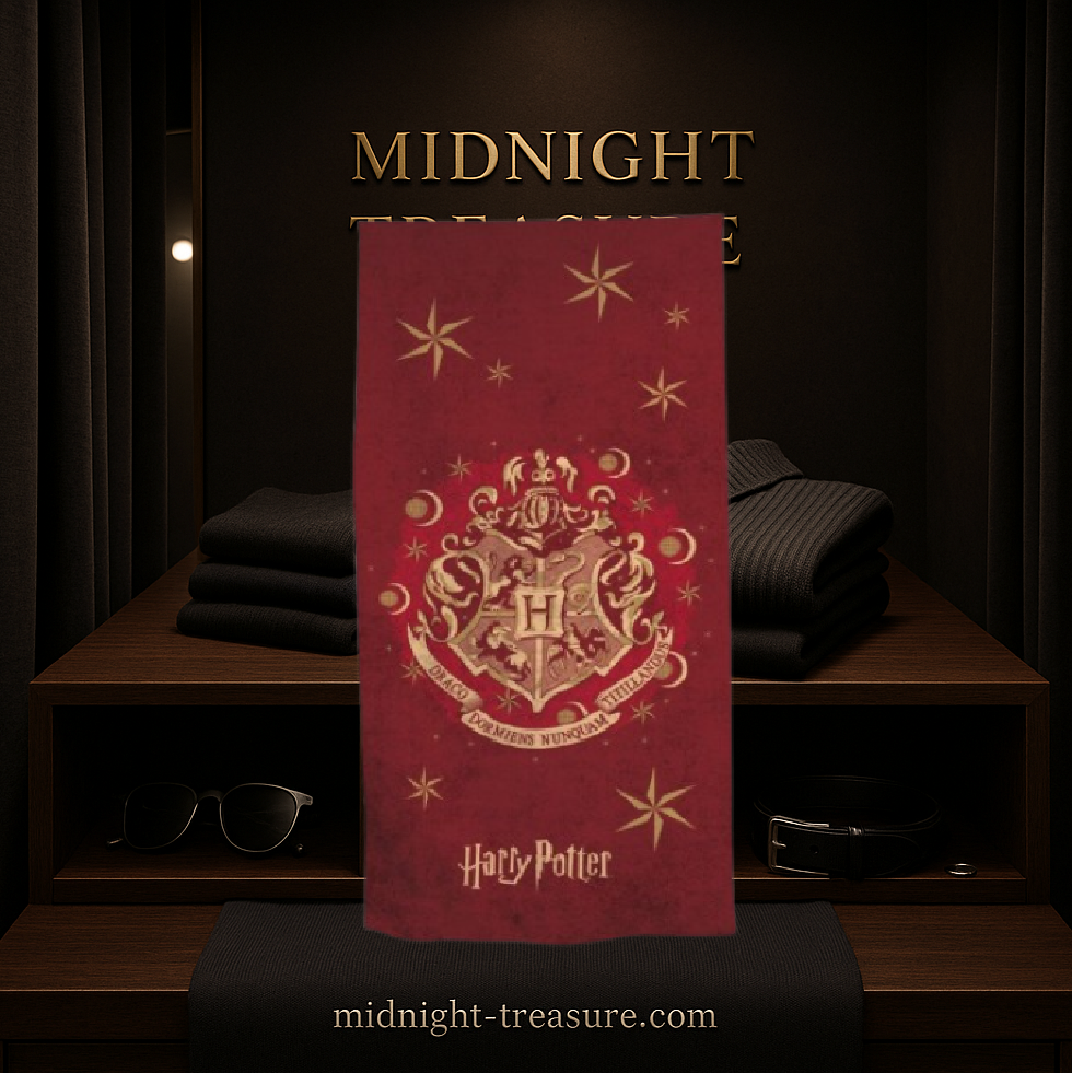 Serviette Harry Potter – Blason de Poudlard – 140 x 70 cm – 100 % coton. Fond rouge orné des armoiries dorées de Poudlard. Un accessoire élégant pour les fans de la saga.

