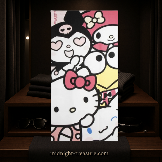 Serviette de plage Hello Kitty & Friends 70x140 cm en polyester avec design kawaii coloré incluant plusieurs personnages Sanrio.
