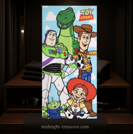 Serviette de plage Toy Story Disney Pixar 70x140 cm avec Woody, Buzz l’Éclair et Rex sur fond coloré.
