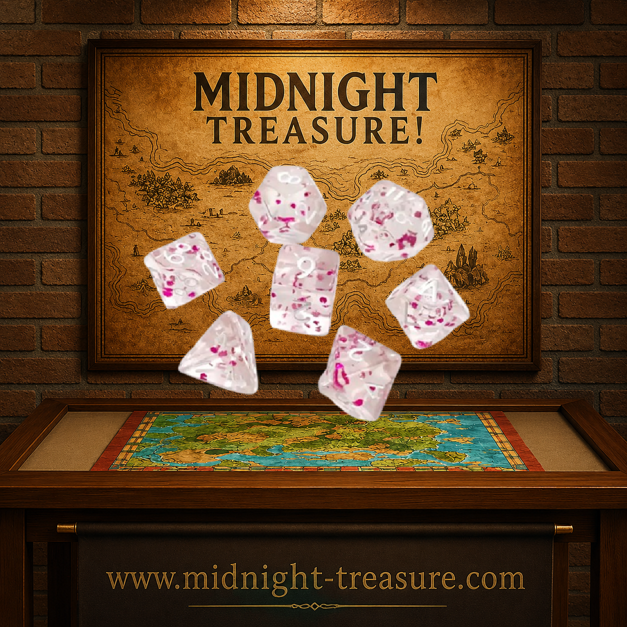 Set de 7 dés miniature Rose Pailleté pour jeu de rôle, en résine transparente légèrement rosée avec inclusions scintillantes rose vif et chiffres blancs. Set polyédrique complet comprenant D4, D6, D8, D10, D00, D12 et D20, idéal pour Donjons & Dragons, Pathfinder et autres JDR.