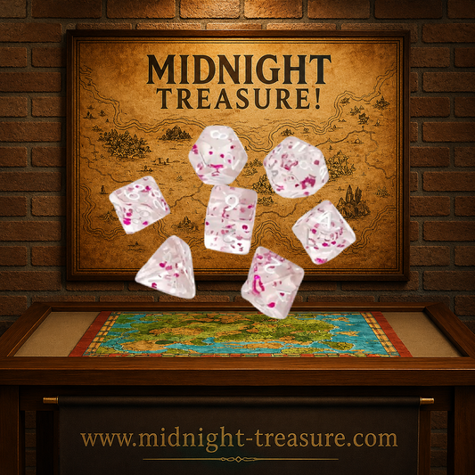 Set de 7 dés miniature Rose Pailleté pour jeu de rôle, en résine transparente légèrement rosée avec inclusions scintillantes rose vif et chiffres blancs. Set polyédrique complet comprenant D4, D6, D8, D10, D00, D12 et D20, idéal pour Donjons & Dragons, Pathfinder et autres JDR.