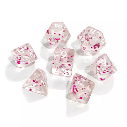 🎲🌸 Set de 7 Dés Miniature – Rose Pailleté – Jeu de Rôle ✨🎲