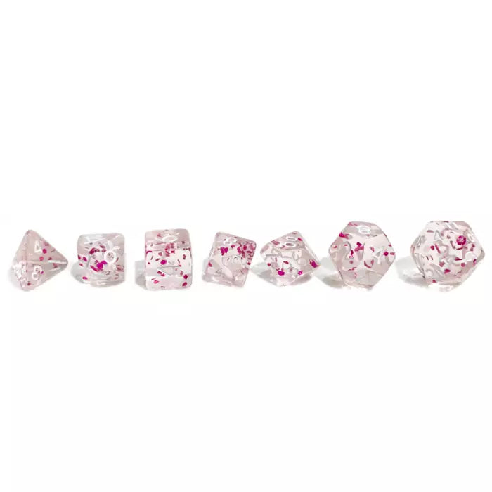 🎲🌸 Set de 7 Dés Miniature – Rose Pailleté – Jeu de Rôle ✨🎲