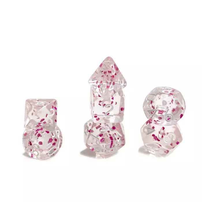 🎲🌸 Set de 7 Dés Miniature – Rose Pailleté – Jeu de Rôle ✨🎲