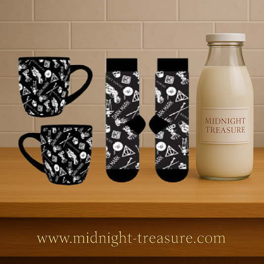 Set Harry Potter â Mug & Chaussettes â Marque des TĂ©nĂšbres â 315 ml. Mug noir et chaussettes assorties ornĂ©s des symboles de Voldemort et des Reliques de la Mort.