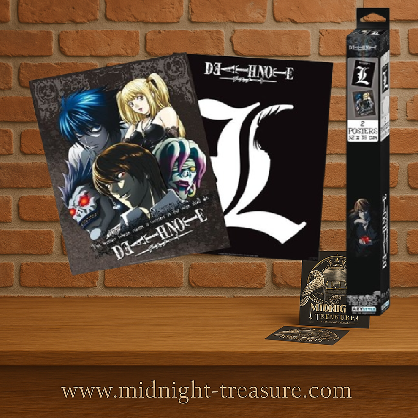 Set de 2 posters Death Note – 52 x 38 cm – Officiel ABYstyle. Poster 1 : Light, L, Misa, Ryuk et Rem. Poster 2 : Logo “L” blanc sur fond noir. Un pack parfait pour les fans de Death Note.