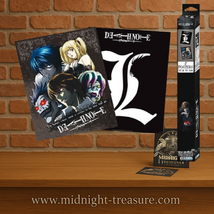 Set de 2 posters Death Note – 52 x 38 cm – Officiel ABYstyle. Poster 1 : Light, L, Misa, Ryuk et Rem. Poster 2 : Logo “L” blanc sur fond noir. Un pack parfait pour les fans de Death Note.