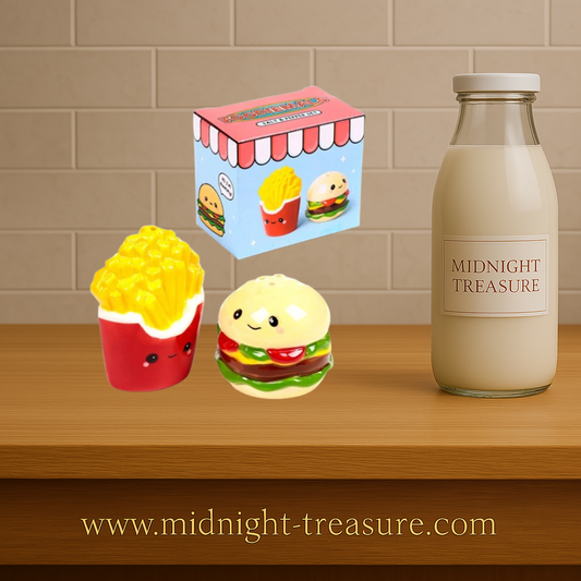 Set salière et poivrière kawaii burger et frites en céramique. Duo décoratif coloré inspiré de la street food, parfait pour une cuisine fun et originale.