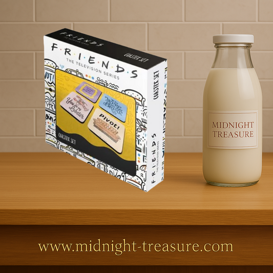 Set de 4 sous-verres Friends avec phrases cultes, dos en liège, résistants à la chaleur jusqu’à 90°C, produit sous licence officielle.