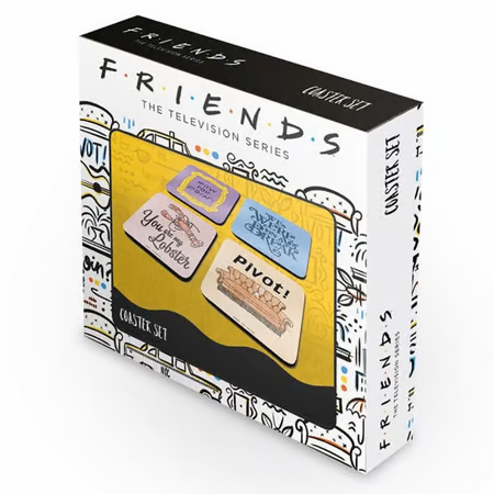 Set de 4 sous-verres Friends avec phrases cultes, dos en liège, résistants à la chaleur jusqu’à 90°C, produit sous licence officielle.