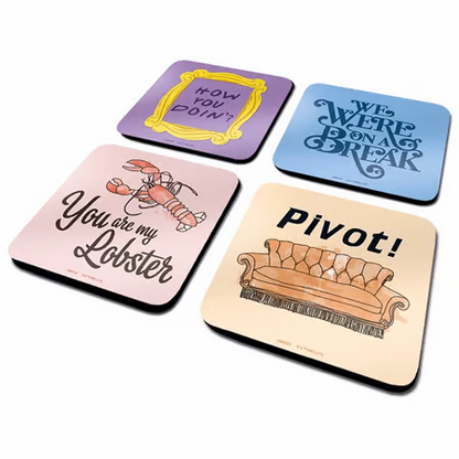 Set de 4 sous-verres Friends avec phrases cultes, dos en liège, résistants à la chaleur jusqu’à 90°C, produit sous licence officielle.
