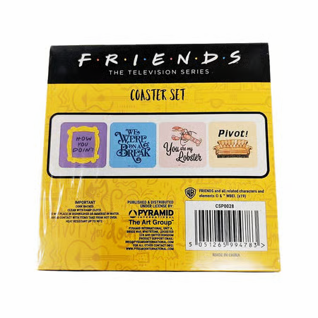 Set de 4 sous-verres Friends avec phrases cultes, dos en liège, résistants à la chaleur jusqu’à 90°C, produit sous licence officielle.