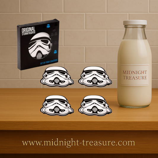 Set de 4 sous-verres Stormtrooper Star Wars avec dessous en liège. Accessoire officiel en forme de casque Stormtrooper, idéal pour protéger une table et compléter une décoration geek.