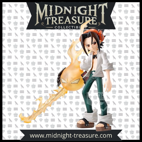 Figurine Yoh Asakura - Shaman King. Figurine de 14 cm sous licence officielle Banpresto, représentant Yoh avec son esprit accompagnateur Amidamaru en forme de flamme. Présentée en boîte cartonnée.