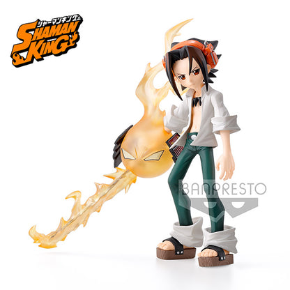 Figurine Yoh Asakura - Shaman King. Figurine de 14 cm sous licence officielle Banpresto, représentant Yoh avec son esprit accompagnateur Amidamaru en forme de flamme. Présentée en boîte cartonnée.