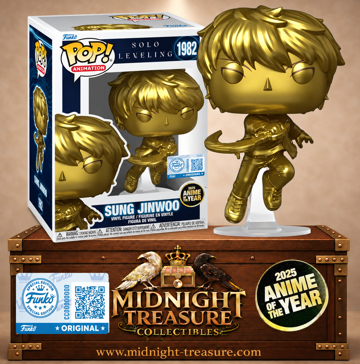 Funko Pop! Animation N°1982 – Sung Jinwoo Gold (Sung Jinwoo Doré) de Solo Leveling, Funko Exclusive célébrant le titre Anime of the Year 2025 (Anime de l’Année 2025).