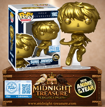 Funko Pop! Animation N°1982 – Sung Jinwoo Gold (Sung Jinwoo Doré) de Solo Leveling, Funko Exclusive célébrant le titre Anime of the Year 2025 (Anime de l’Année 2025).