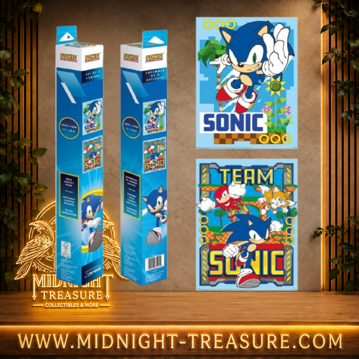 Set de 2 posters Sonic Green Hill 52 x 38 cm avec Sonic, Tails et Knuckles, affiches officielles SEGA sur papier brillant 170 g/m².