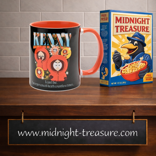 Mug South Park noir avec intérieur et anse orange représentant Kenny McCormick et ses nombreuses morts, avec logo South Park au dos.