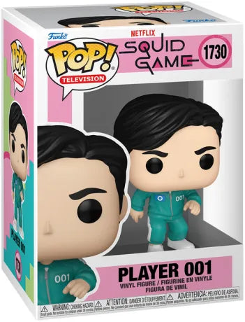 Funko Pop! Squid Game – Player 001 (N°1730, Saison 2). Figurine représentant le Front Man infiltré en joueur 001 avec son survêtement vert. Une pièce clé et iconique pour les fans de Squid Game.