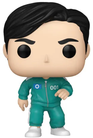 Funko Pop! Squid Game – Player 001 (N°1730, Saison 2). Figurine représentant le Front Man infiltré en joueur 001 avec son survêtement vert. Une pièce clé et iconique pour les fans de Squid Game.