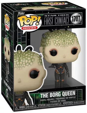Funko Pop! Star Trek: First Contact – The Borg Queen (N°1707). Figurine cybernétique avec détails organiques verdâtres et combinaison noire mécanique. Une pièce incontournable pour les fans de Star Trek.