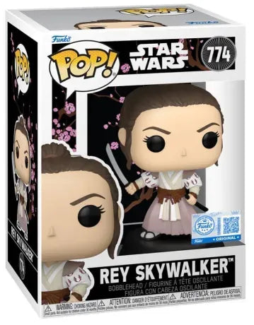Funko Pop! Star Wars – Rey Skywalker Samurai (N°774). Rey en tenue samouraï avec katana, kimono rose et socle Star Wars. Figurine stylisée et détaillée.