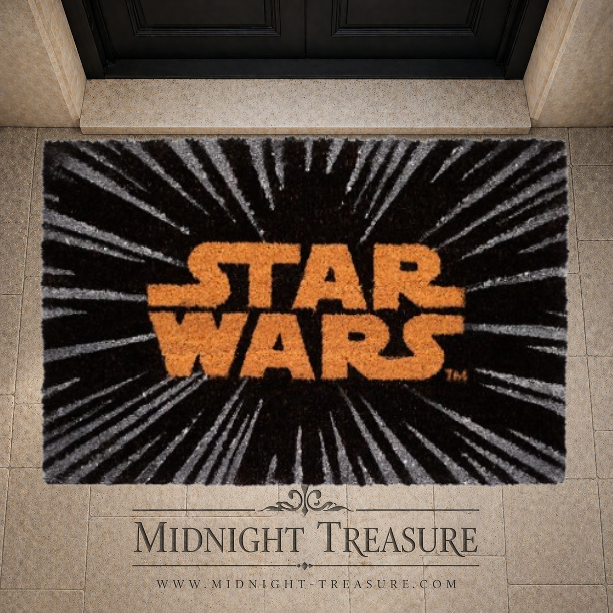 Paillasson officiel Star Wars 60 x 40 cm en fibres de coco avec logo orange sur fond noir et motif inspiré du passage en hyperespace.