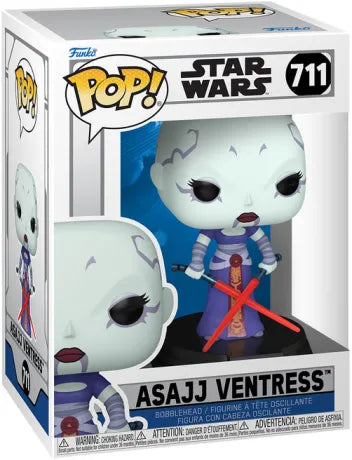 Funko Pop! Star Wars – Asajj Ventress (N°711) avec ses deux sabres laser rouges croisés.