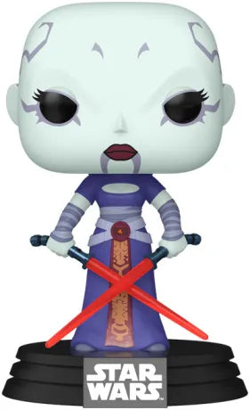 Funko Pop! Star Wars – Asajj Ventress (N°711) avec ses deux sabres laser rouges croisés.