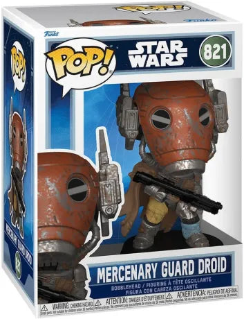 Funko Pop! Star Wars N°821 – Mercenary Guard Droid – The Mandalorian & Grogu. Figurine droïde garde mercenaire avec casque orange usé et blaster.