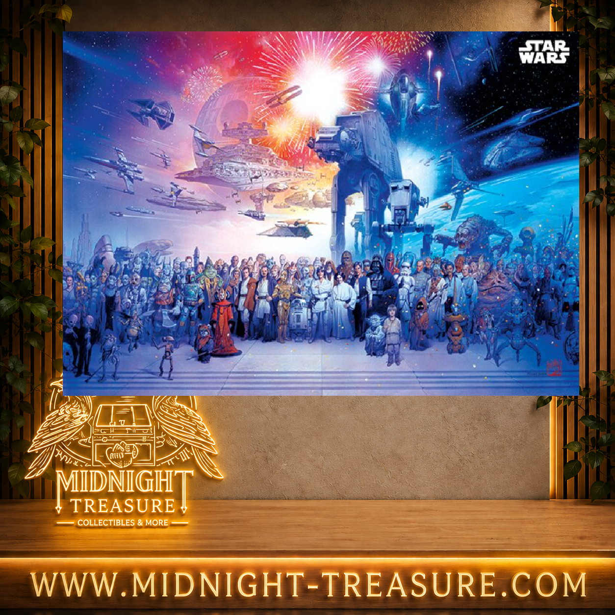 Maxi poster Star Wars Universe 91 x 61 cm représentant une grande fresque avec Dark Vador, Luke Skywalker, Leia, Han Solo, Yoda, droïdes, vaisseaux et personnages emblématiques de la saga.