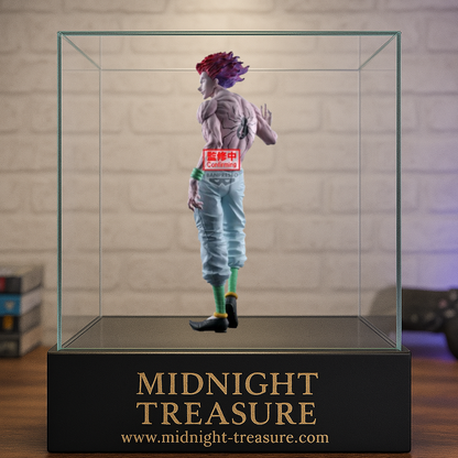 Statuette Hunter x Hunter – Hisoka Morow – Grandista – 28 cm – Banpresto. Hisoka torse nu en posture provocante, musculature détaillée, cheveux rouges et violets et tatouage dorsal emblématique. Une figurine imposante pour les fans de Hunter x Hunter.