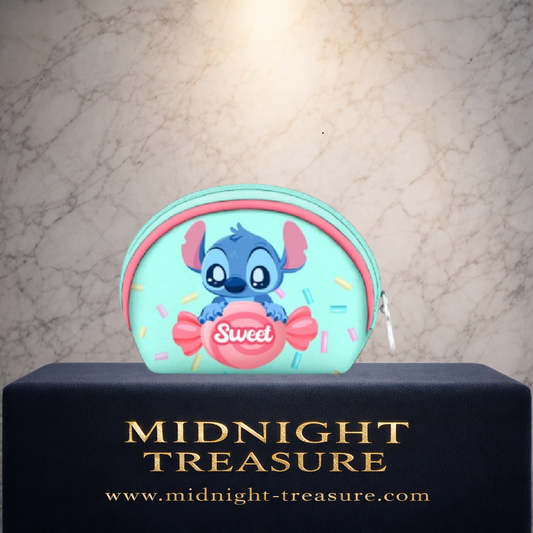 Porte-monnaie ovale Disney Stitch Candy turquoise et rose avec grand bonbon Sweet, dimensions 12 x 9 x 4,5 cm.