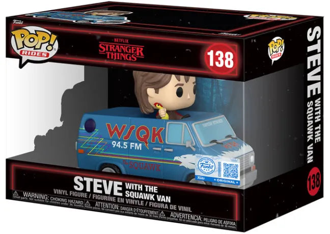 Funko Pop! Rides Stranger Things – Steve with the Squawk Van (N°138). Steve au volant du célèbre WSQK Van avec klaxon poulet, version fidèle à la saison 5.