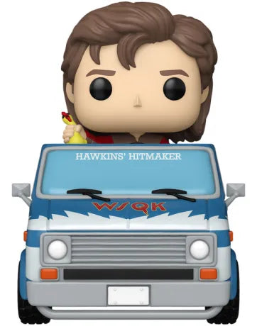 Funko Pop! Rides Stranger Things – Steve with the Squawk Van (N°138). Steve au volant du célèbre WSQK Van avec klaxon poulet, version fidèle à la saison 5.
