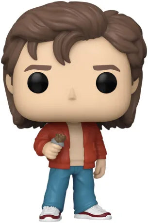 Funko Pop! Stranger Things – Steve Harrington (N°1779). Steve tenant une barre chocolatée, veste rouge et coupe 80’s. Figurine fidèle à la série Netflix.
